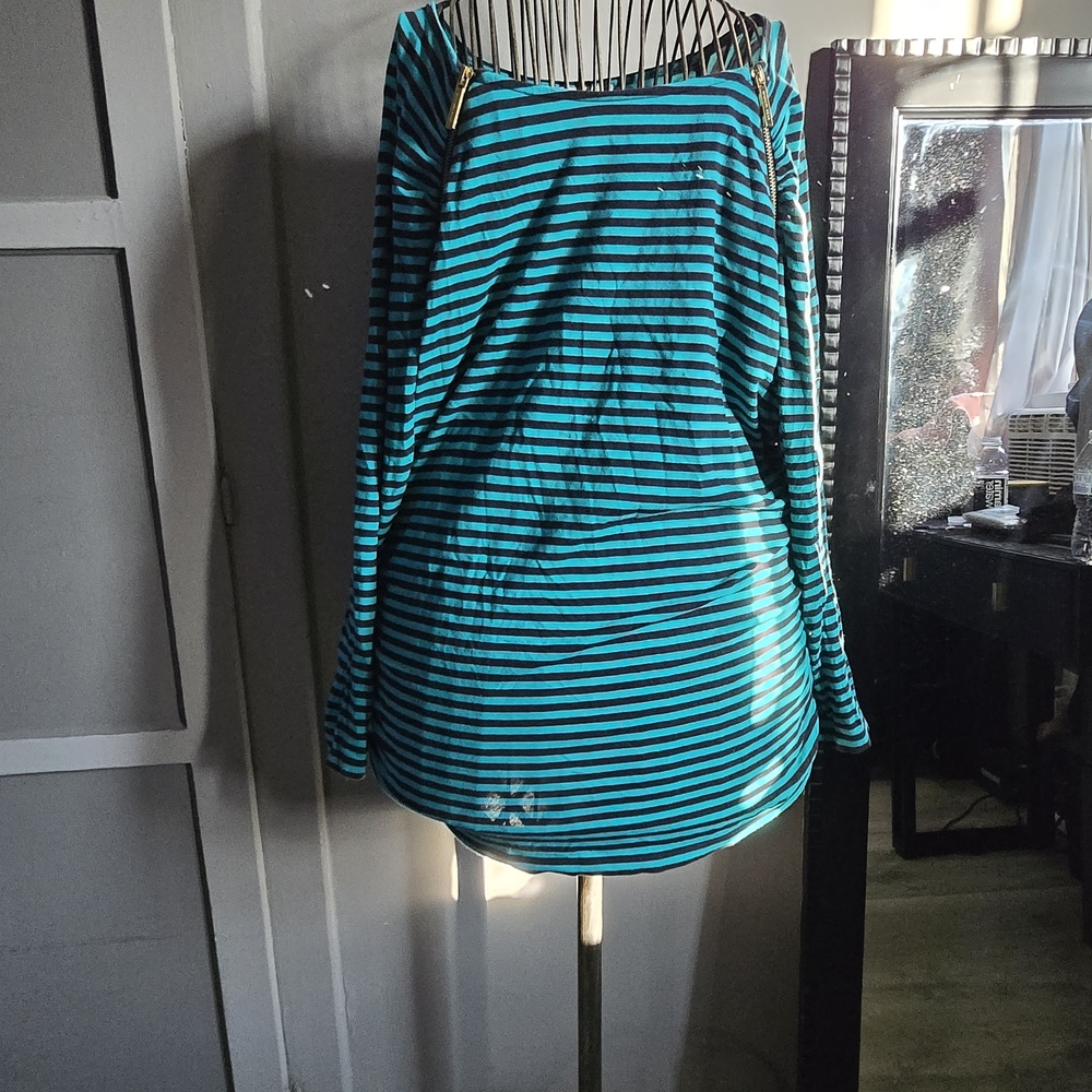 MICHAEL Michael Kors Teal and Black Striped Long Sleeve Top